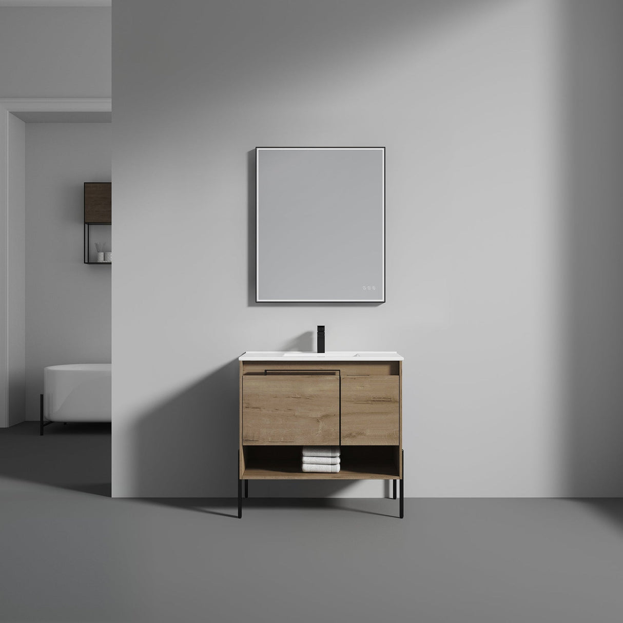 Blossom Turin 36" 1-Door 1-Drawer Classic Oak Freestanding Single Vanity Base With Open Shelf, Handle and Legs
