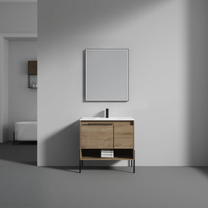 Blossom Turin 36" 1-Door 1-Drawer Classic Oak Freestanding Single Vanity Base With Open Shelf, Handle and Legs