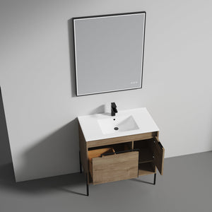 Blossom Turin 36" 1-Door 1-Drawer Classic Oak Freestanding Single Vanity Base With Open Shelf, Handle and Legs