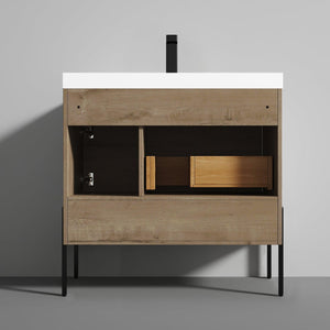 Blossom Turin 36" 1-Door 1-Drawer Classic Oak Freestanding Single Vanity Base With Open Shelf, Handle and Legs