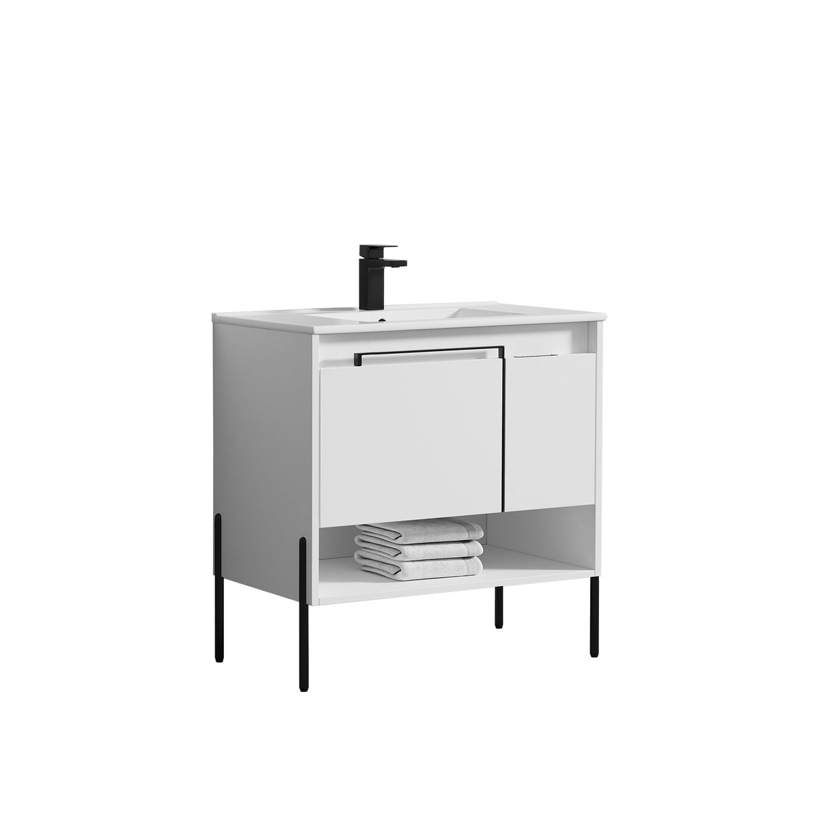 Blossom Turin 36" 1-Door 1-Drawer Matte White Freestanding Single Vanity Base With Open Shelf, Handle and Legs