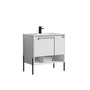 Blossom Turin 36" 1-Door 1-Drawer Matte White Freestanding Single Vanity Base With Open Shelf, Handle and Legs