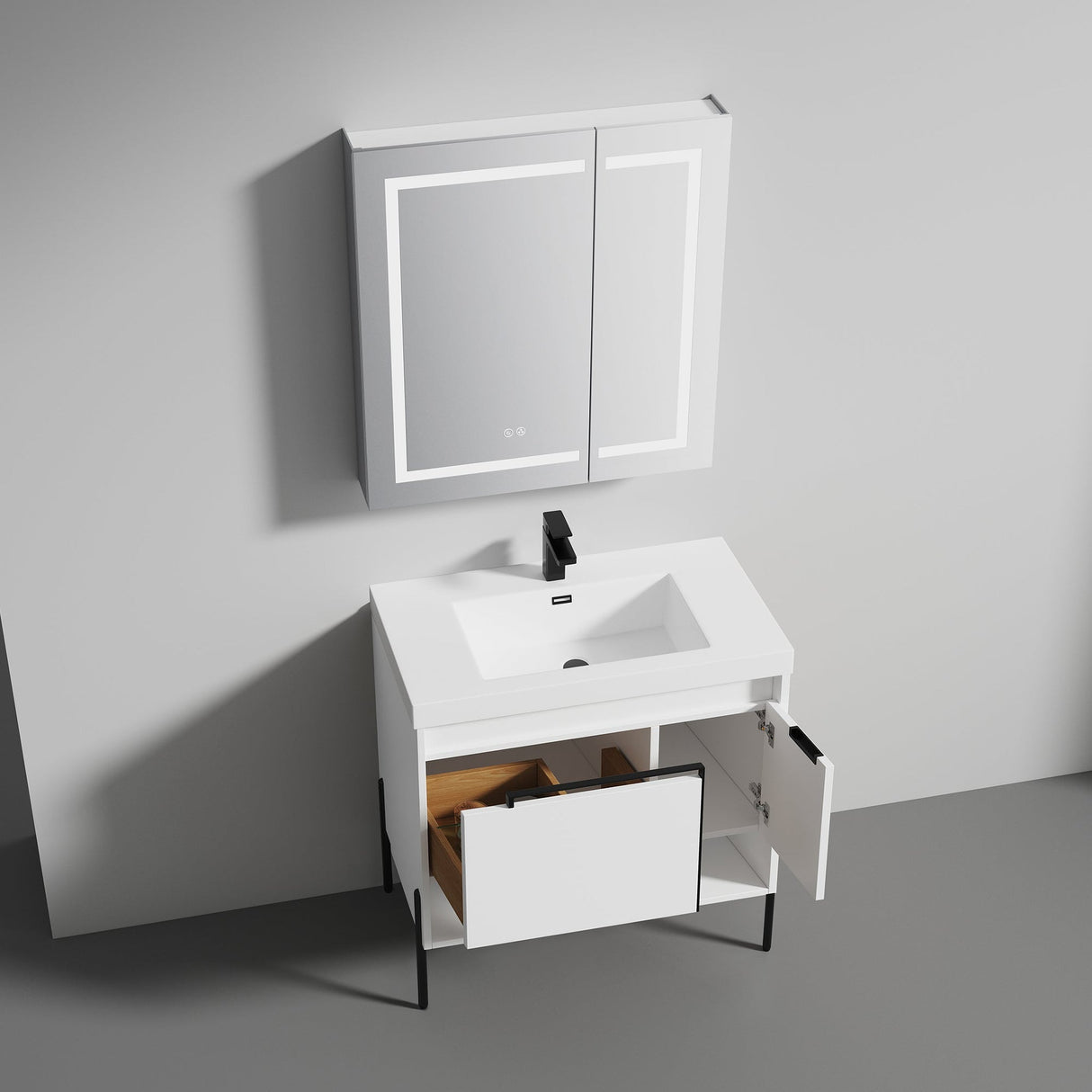 Blossom Turin 36" 1-Door 1-Drawer Matte White Freestanding Single Vanity Base With Open Shelf, Handle and Legs