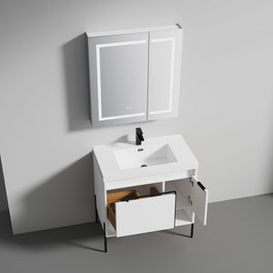 Blossom Turin 36" 1-Door 1-Drawer Matte White Freestanding Single Vanity Base With Open Shelf, Handle and Legs