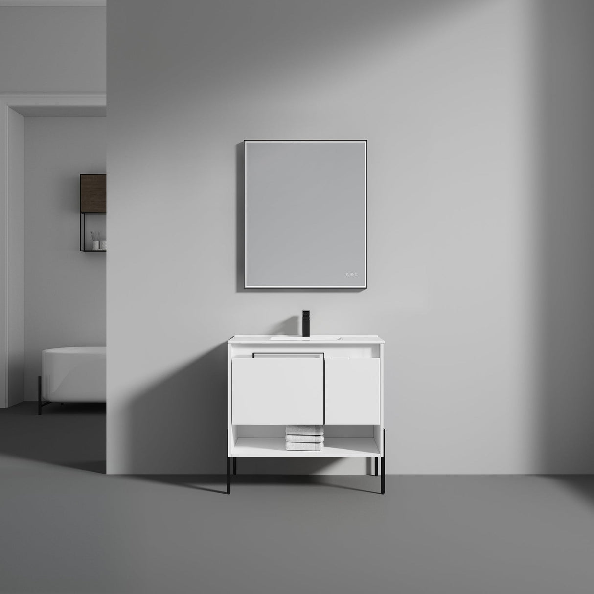 Blossom Turin 36" 1-Door 1-Drawer Matte White Freestanding Single Vanity Base With Open Shelf, Handle and Legs