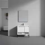 Blossom Turin 36" 1-Door 1-Drawer Matte White Freestanding Single Vanity Base With Open Shelf, Handle and Legs