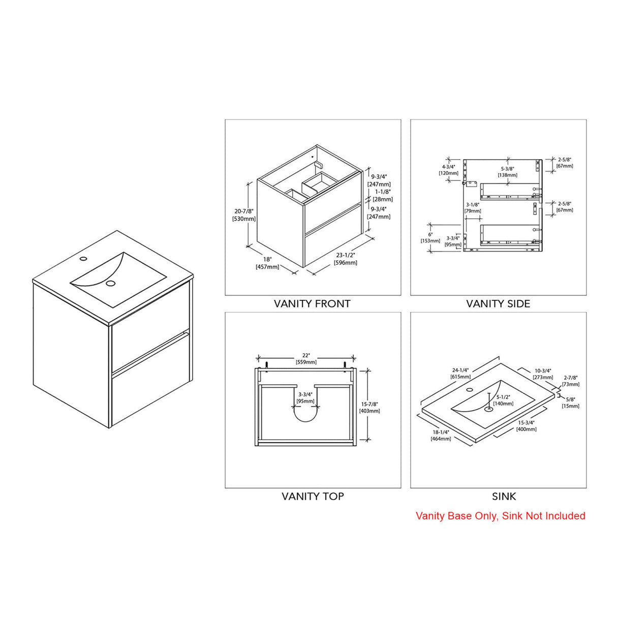 Blossom Valencia 24" 2-Drawer White Wall-Mounted Vanity Base