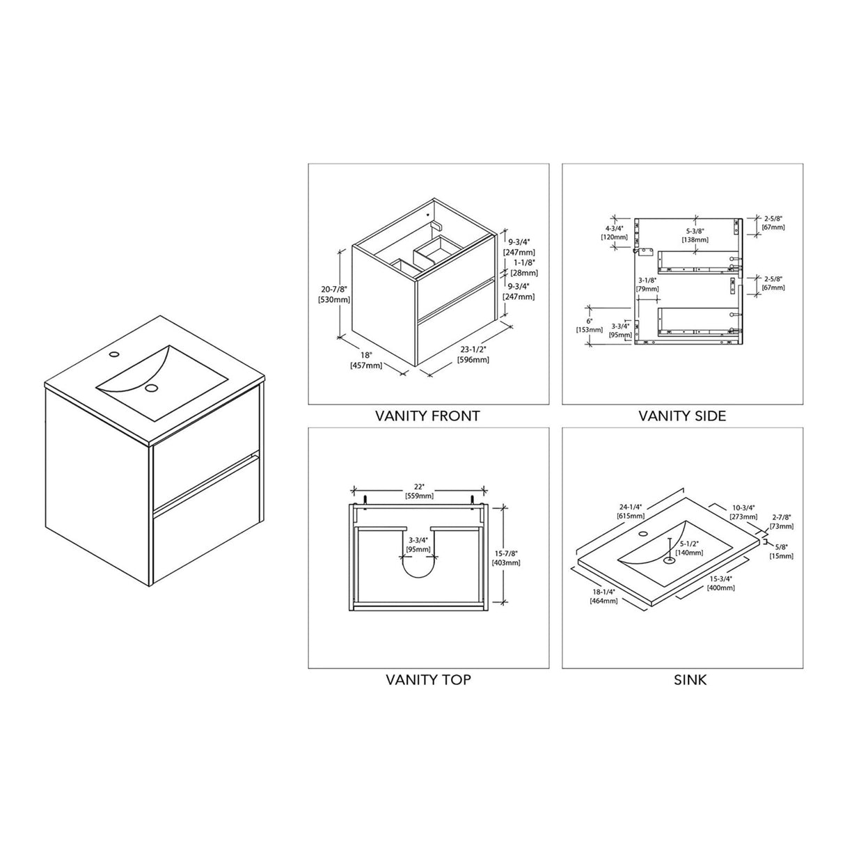Blossom Valencia 24" 2-Drawer White Wall-Mounted Vanity Set With Ceramic Top and Integrated Single Sink