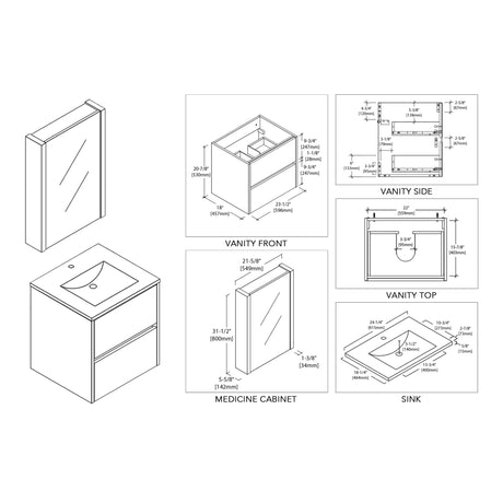 Blossom Valencia 24" 2-Drawer White Wall-Mounted Vanity Set With Ceramic Top and Integrated Single Sink and Medicine Cabinet