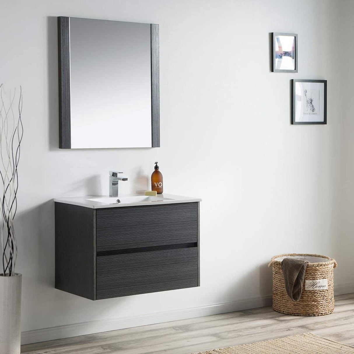 Blossom Valencia 30" 2-Drawer Silver Gray Wall-Mounted Vanity Set With Ceramic Top, Integrated Single Sink and Mirror