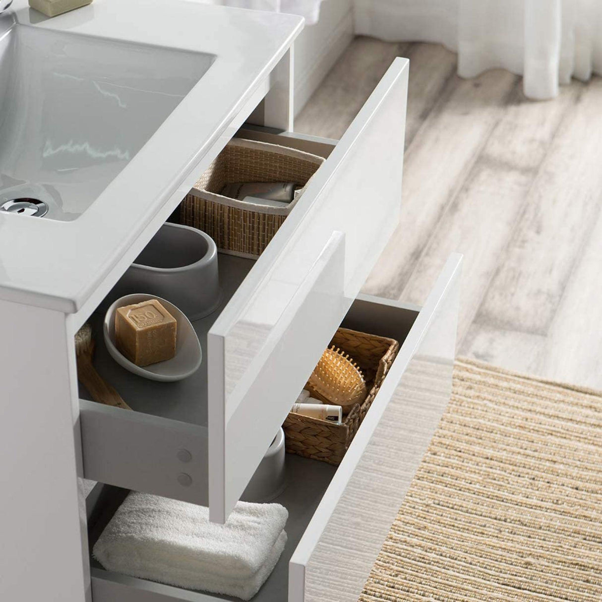 Blossom Valencia 30" 2-Drawer White Wall-Mounted Vanity Set With Ceramic Top, Integrated Single Sink and Mirror