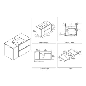 Blossom Valencia 36" 1-Door 2-Drawer Silver Gray Wall-Mounted Vanity Set With Ceramic Top and Integrated Single Sink