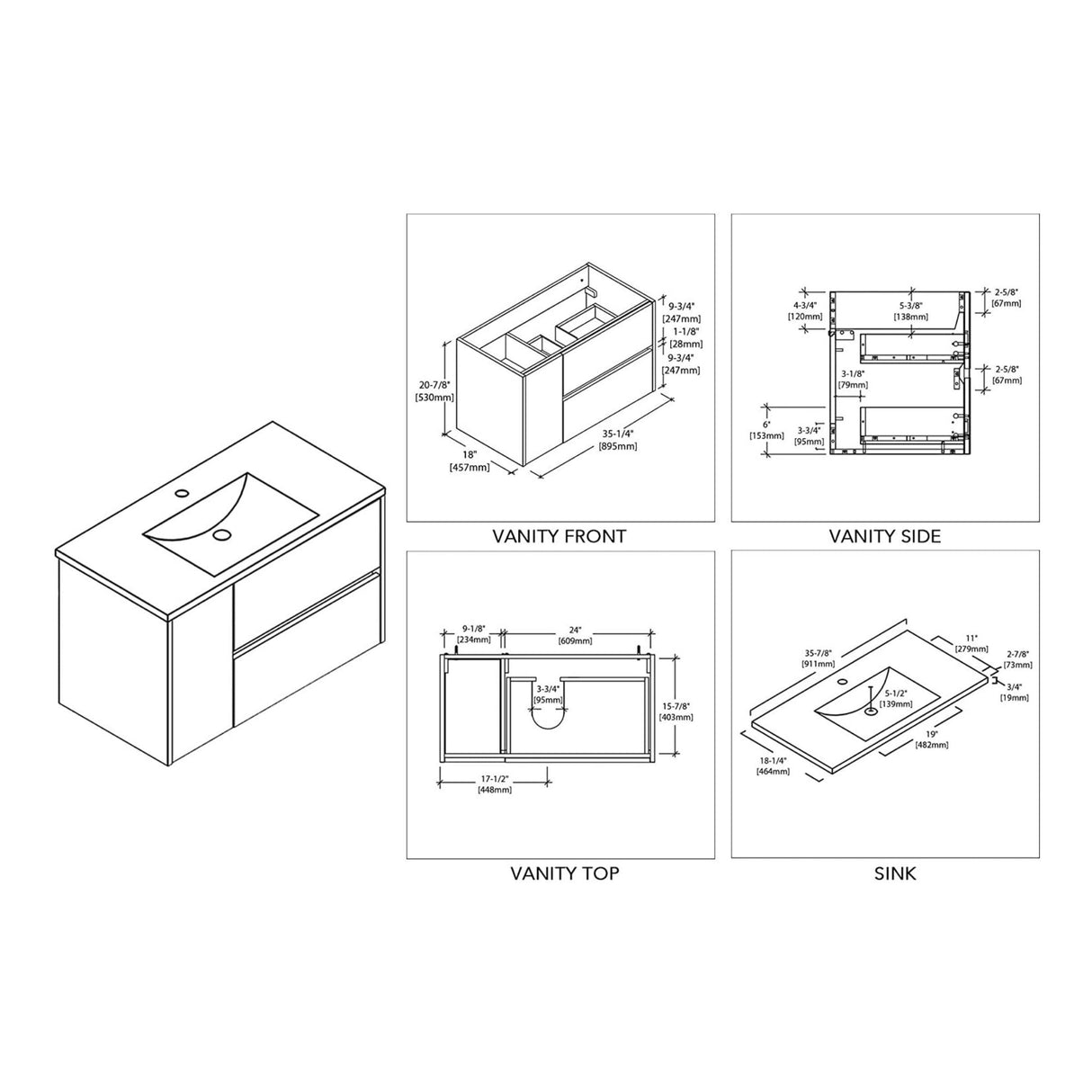 Blossom Valencia 36" 1-Door 2-Drawer White Wall-Mounted Vanity Set With Ceramic Top and Integrated Single Sink