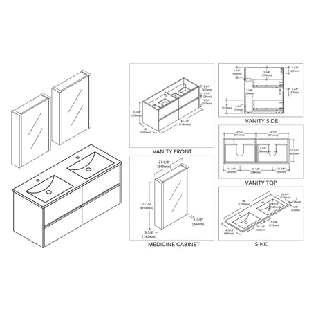 Blossom Valencia 48" 2-Drawer Silver Gray Wall-Mounted Vanity Set With Ceramic Top and Integrated Single Sink and Medicine Cabinet