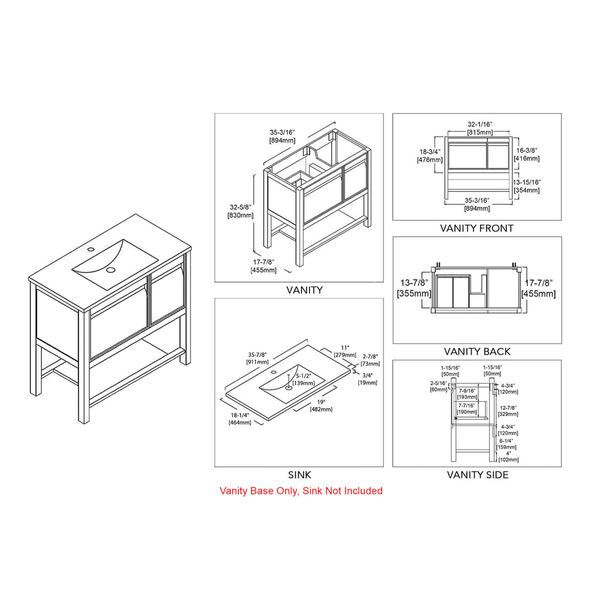 Blossom Vienna 36" 1-Door 1-Drawer Matte Gray Freestanding Vanity Base