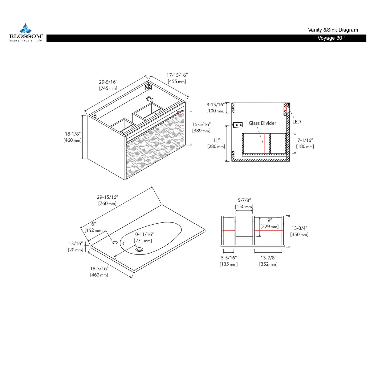 Blossom Voyage 30" Glossy White Vanity With Droplet-Shaped Basin and LED Light