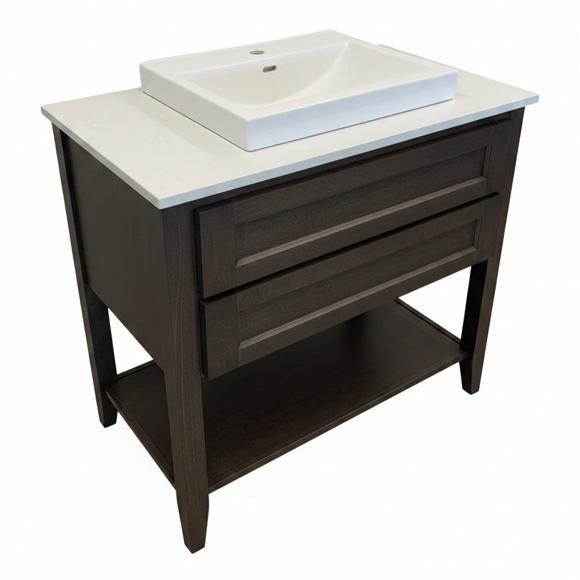 Brooklyn Slate Open Shelf Vanity with Carrara Quartz Vessel Top – 36" Modern Bath Suite
