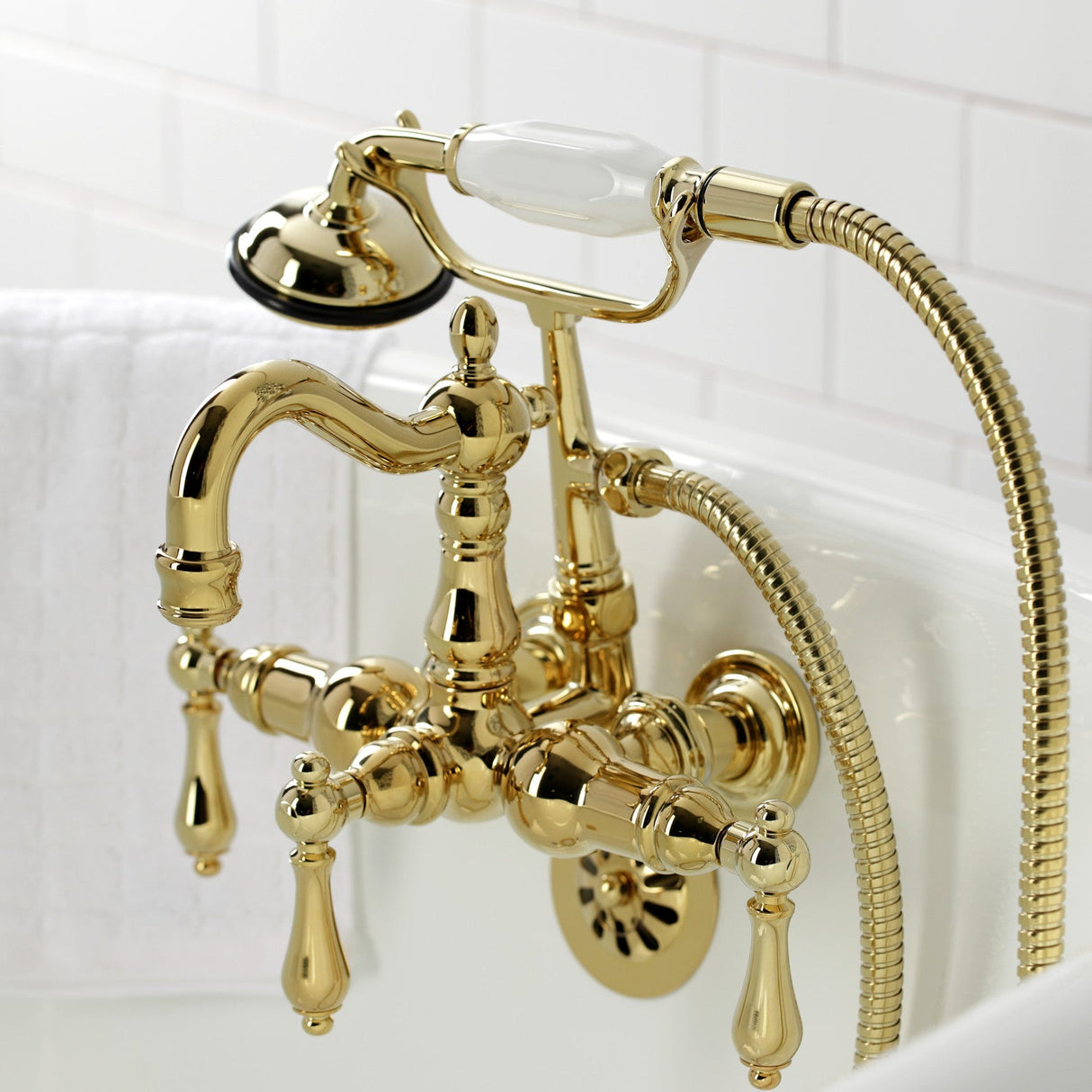 Heritage CA1007T2 Three-Handle 2-Hole Wall Mount Clawfoot Tub Faucet with Hand Shower, Polished Brass