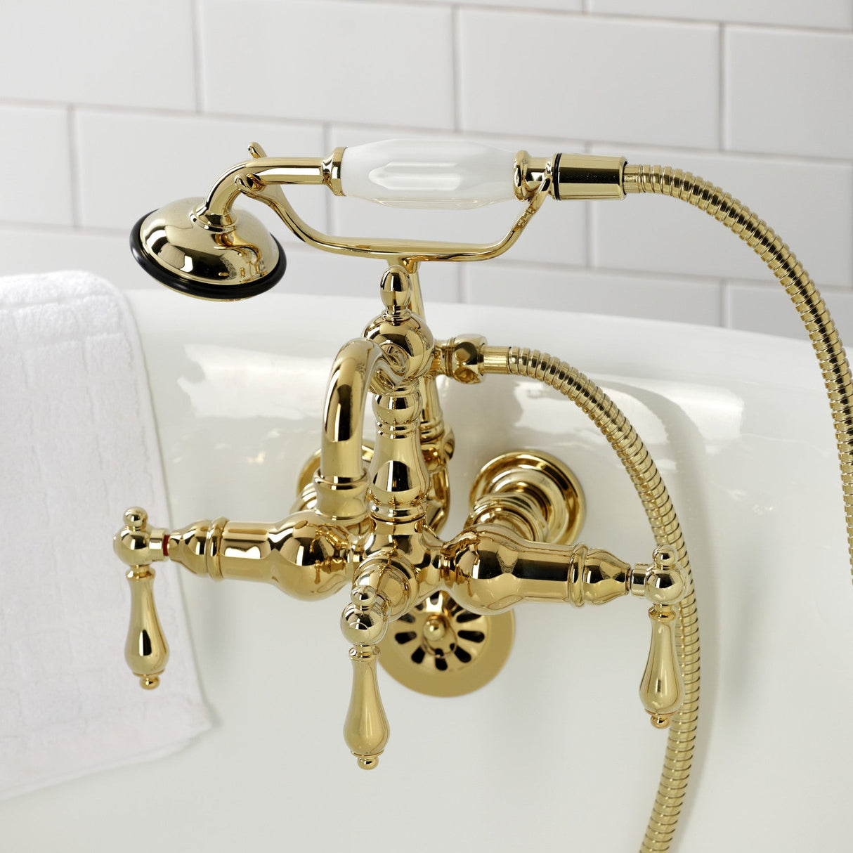 Heritage CA1007T2 Three-Handle 2-Hole Wall Mount Clawfoot Tub Faucet with Hand Shower, Polished Brass
