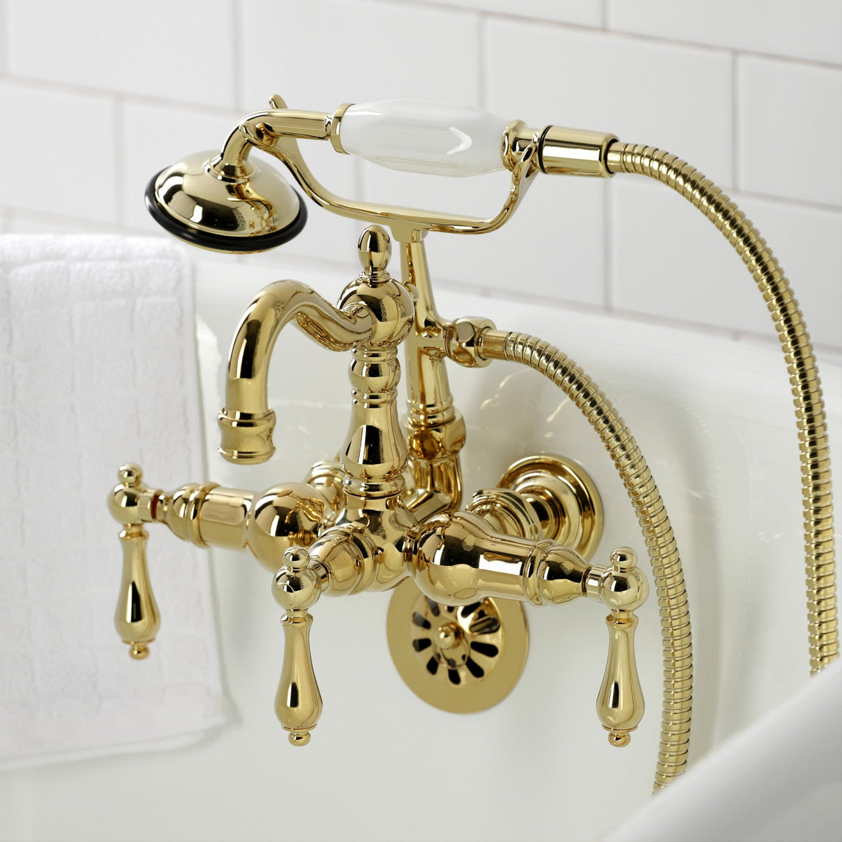 Heritage CA1007T2 Three-Handle 2-Hole Wall Mount Clawfoot Tub Faucet with Hand Shower, Polished Brass