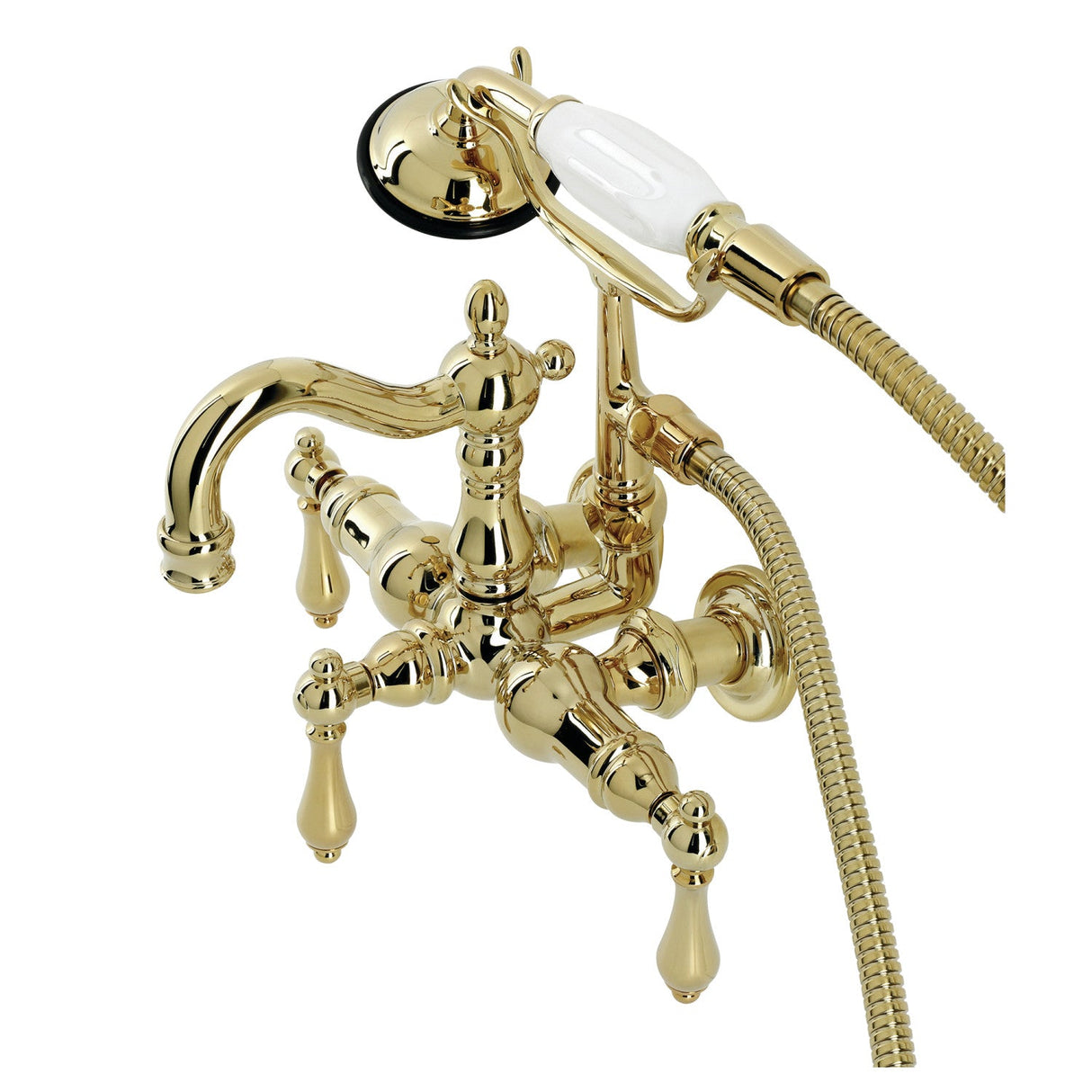 Heritage CA1007T2 Three-Handle 2-Hole Wall Mount Clawfoot Tub Faucet with Hand Shower, Polished Brass