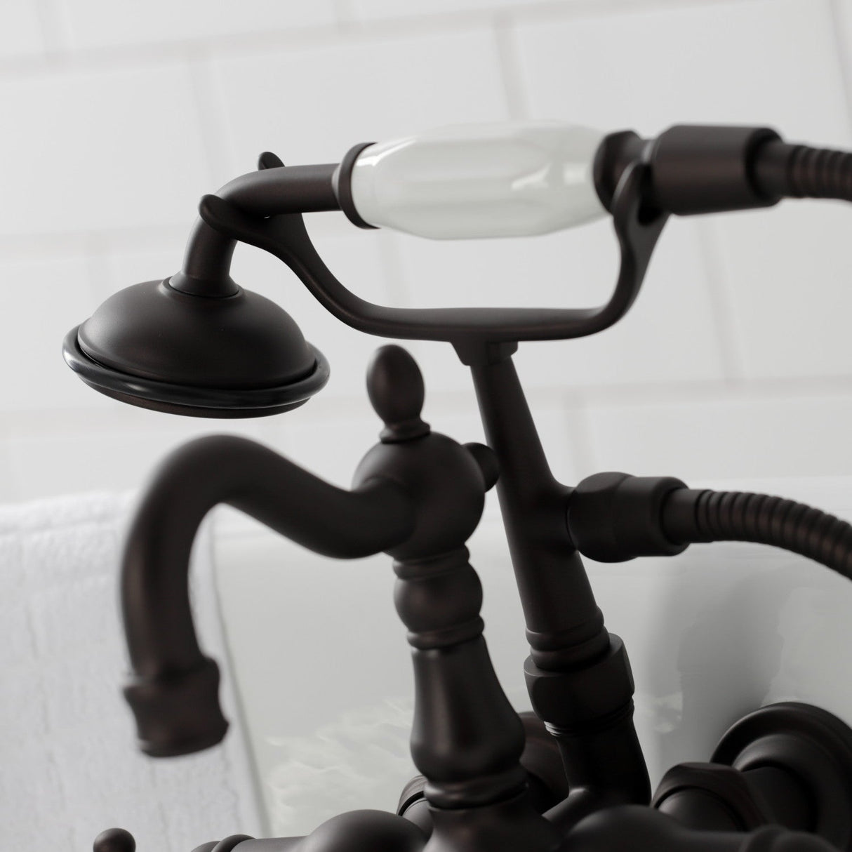 Heritage CA1007T5 Three-Handle 2-Hole Wall Mount Clawfoot Tub Faucet with Hand Shower, Oil Rubbed Bronze