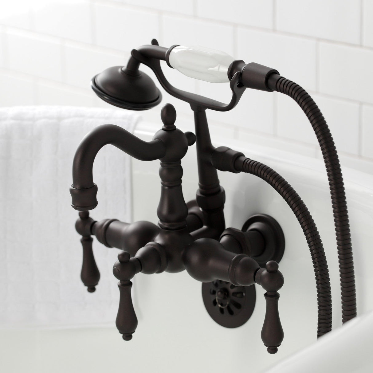 Heritage CA1007T5 Three-Handle 2-Hole Wall Mount Clawfoot Tub Faucet with Hand Shower, Oil Rubbed Bronze