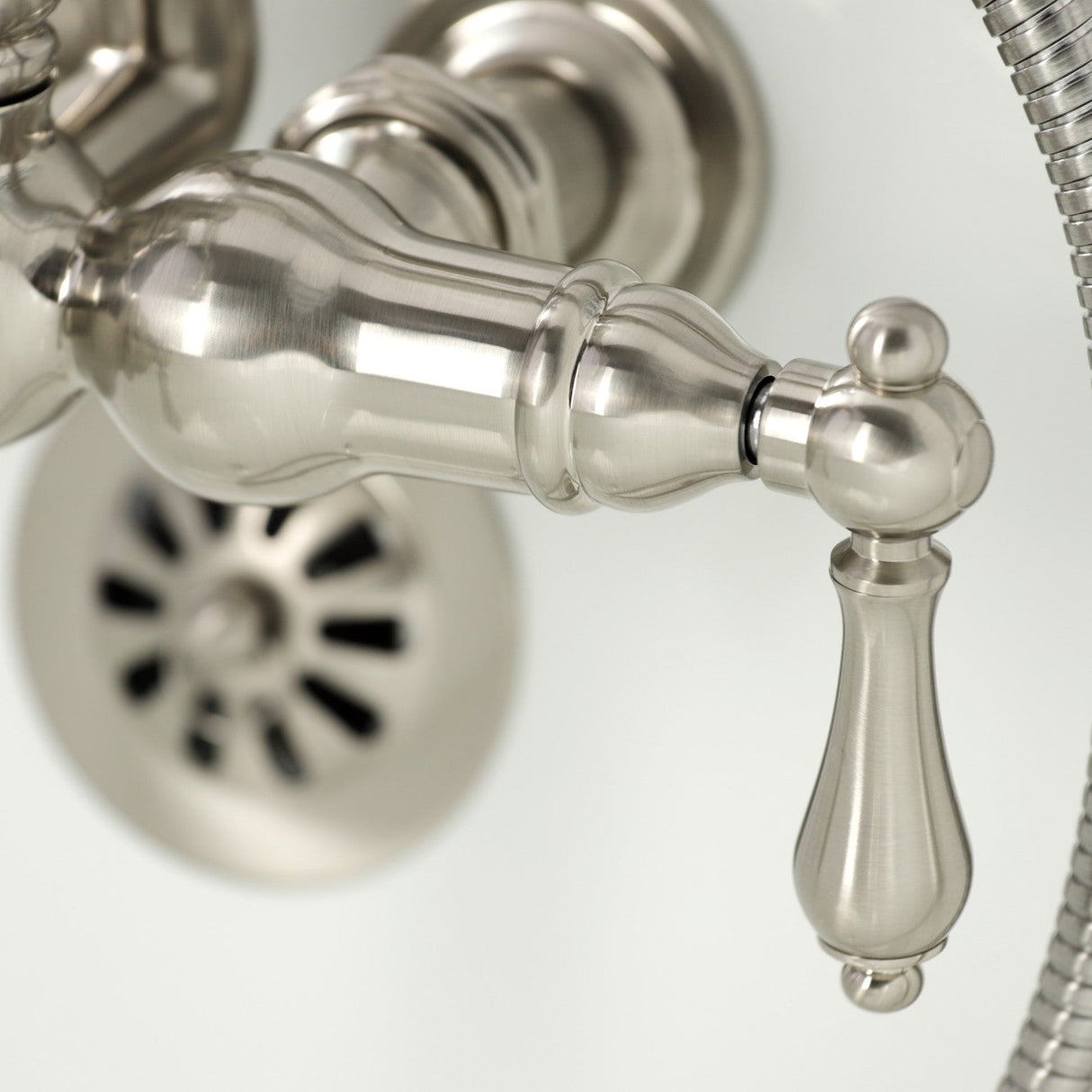 Heritage CA1007T8 Three-Handle 2-Hole Wall Mount Clawfoot Tub Faucet with Hand Shower, Brushed Nickel