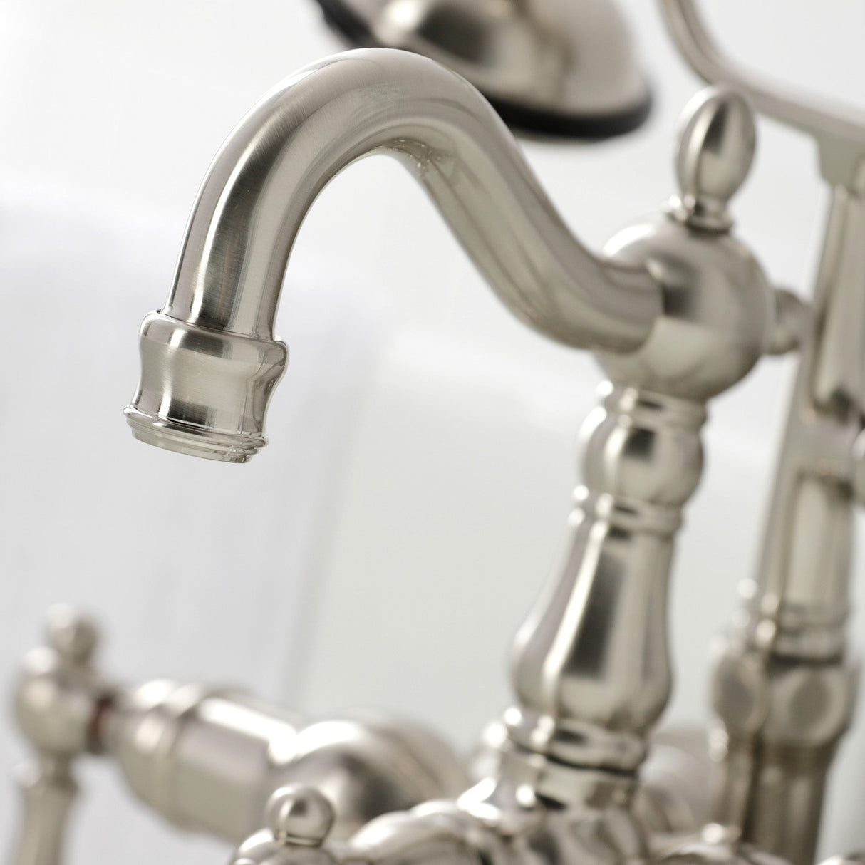Heritage CA1007T8 Three-Handle 2-Hole Wall Mount Clawfoot Tub Faucet with Hand Shower, Brushed Nickel