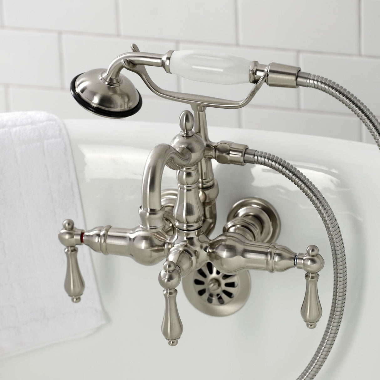 Heritage CA1007T8 Three-Handle 2-Hole Wall Mount Clawfoot Tub Faucet with Hand Shower, Brushed Nickel