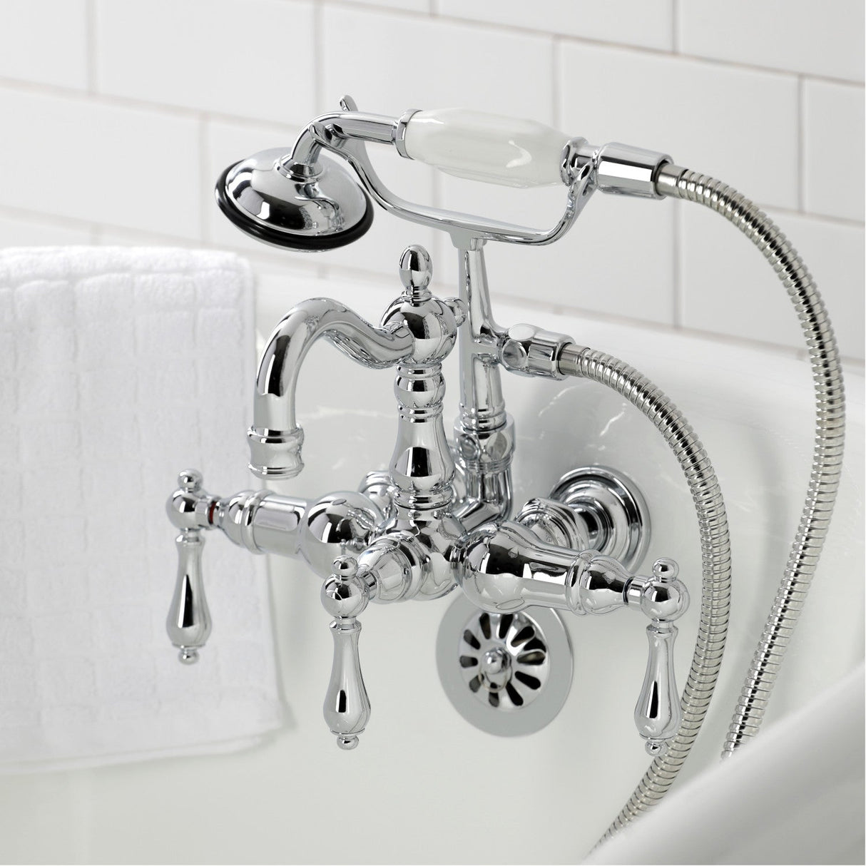 Heritage CA1008T1 Three-Handle 2-Hole Wall Mount Clawfoot Tub Faucet with Hand Shower, Polished Chrome