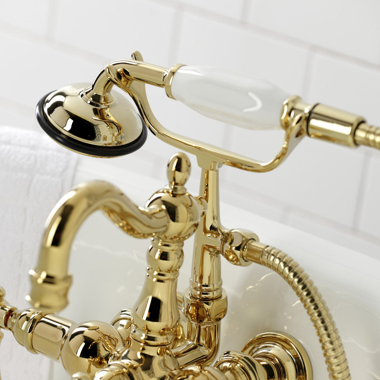 Heritage CA1009T2 Three-Handle 2-Hole Wall Mount Clawfoot Tub Faucet with Hand Shower, Polished Brass