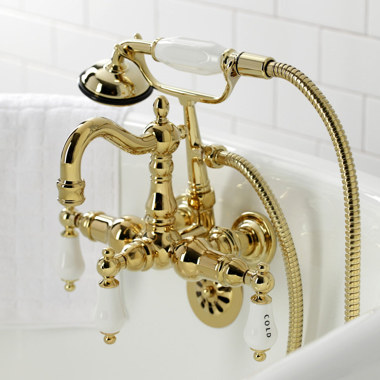 Heritage CA1009T2 Three-Handle 2-Hole Wall Mount Clawfoot Tub Faucet with Hand Shower, Polished Brass