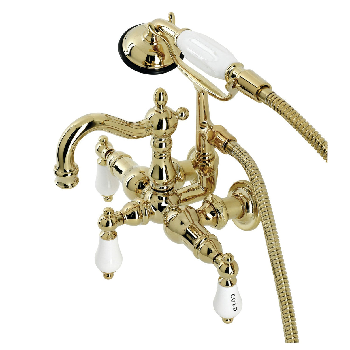 Heritage CA1009T2 Three-Handle 2-Hole Wall Mount Clawfoot Tub Faucet with Hand Shower, Polished Brass