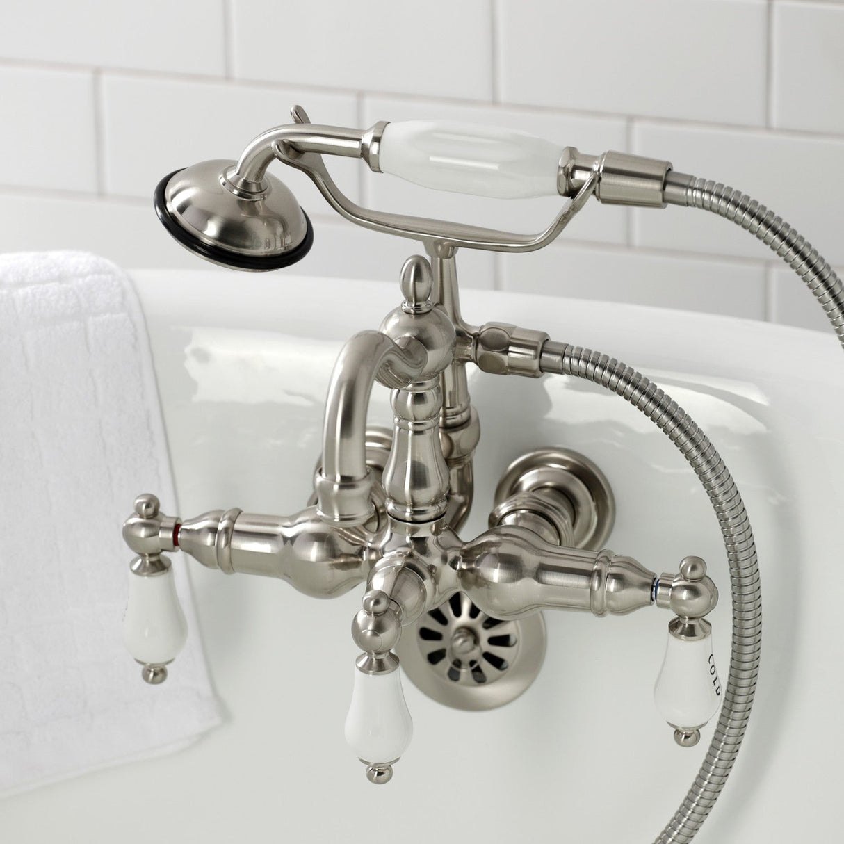Heritage CA1009T8 Three-Handle 2-Hole Wall Mount Clawfoot Tub Faucet with Hand Shower, Brushed Nickel