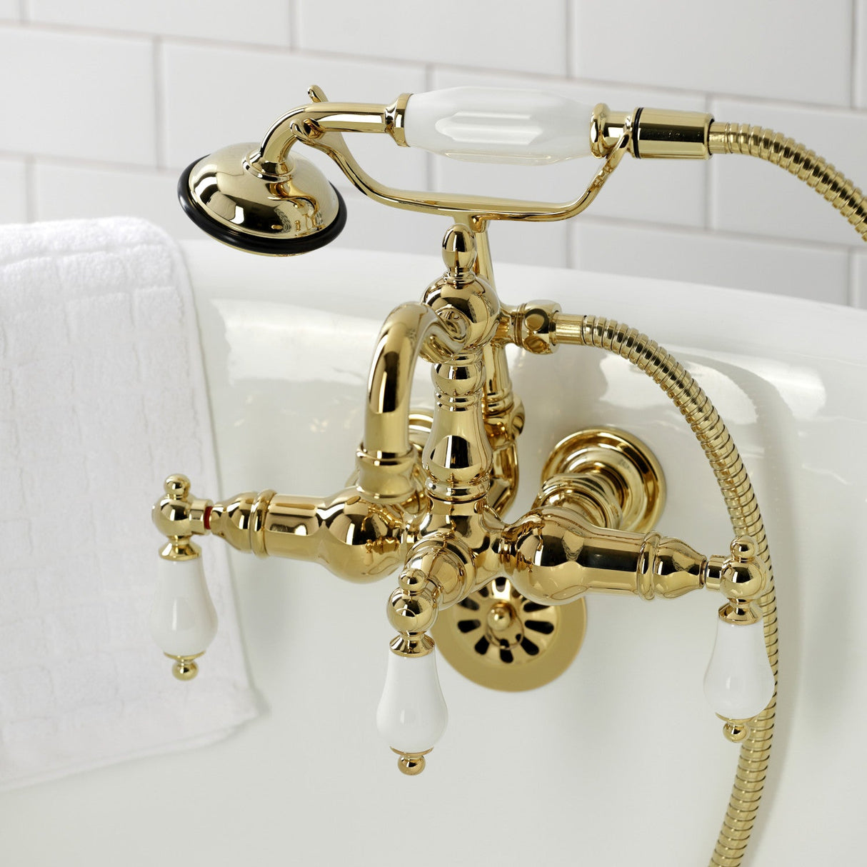 Heritage CA1011T2 Three-Handle 2-Hole Wall Mount Clawfoot Tub Faucet with Hand Shower, Polished Brass