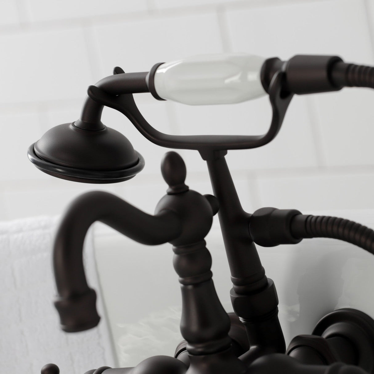 Heritage CA1011T5 Three-Handle 2-Hole Wall Mount Clawfoot Tub Faucet with Hand Shower, Oil Rubbed Bronze