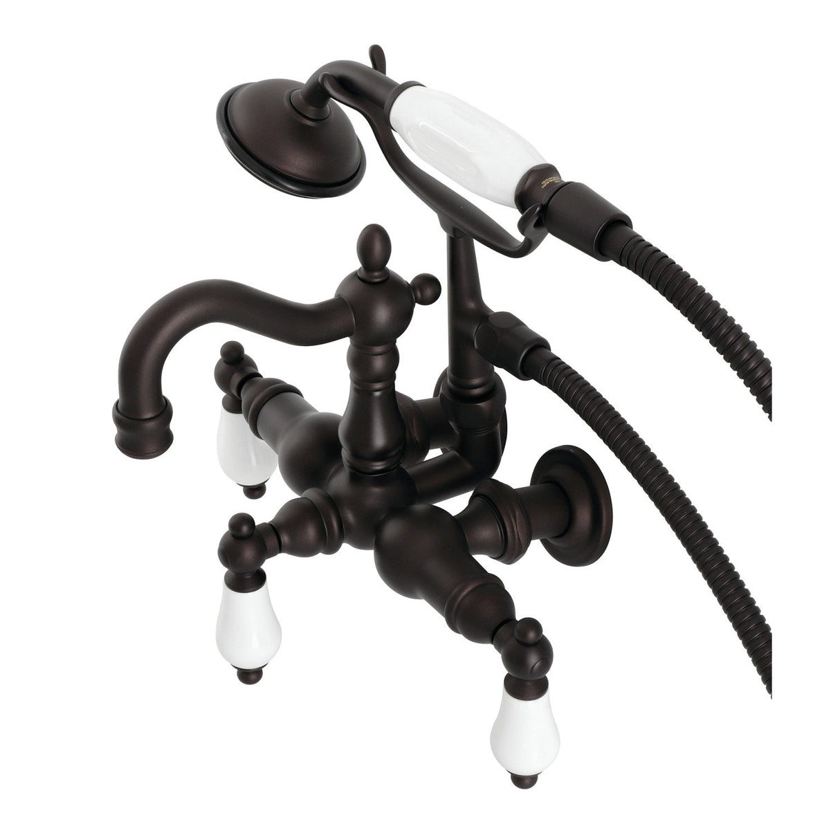 Heritage CA1011T5 Three-Handle 2-Hole Wall Mount Clawfoot Tub Faucet with Hand Shower, Oil Rubbed Bronze