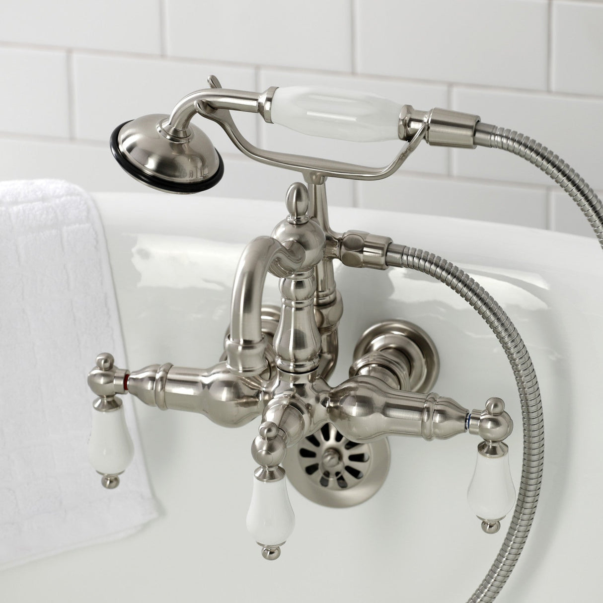 Heritage CA1011T8 Three-Handle 2-Hole Wall Mount Clawfoot Tub Faucet with Hand Shower, Brushed Nickel