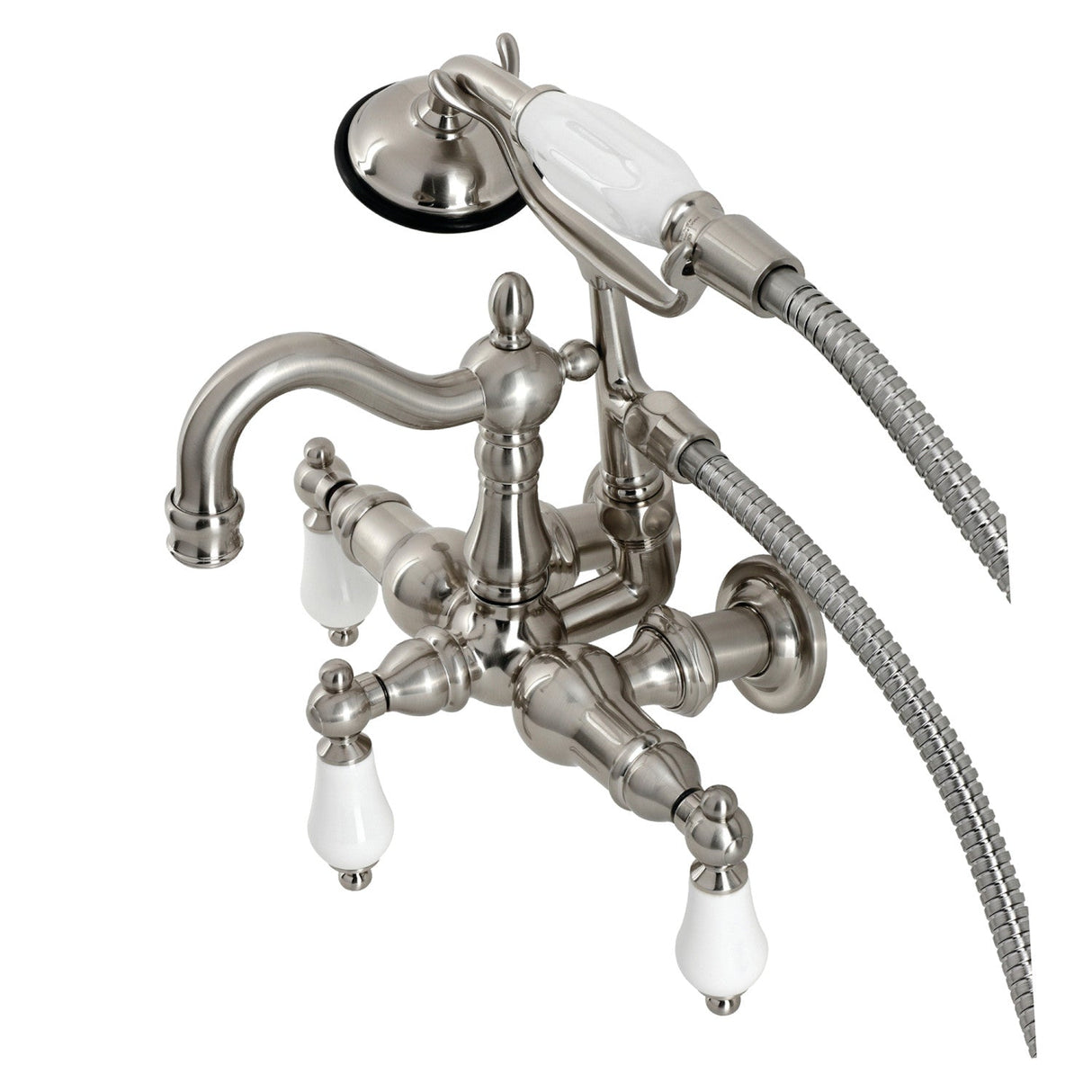 Heritage CA1011T8 Three-Handle 2-Hole Wall Mount Clawfoot Tub Faucet with Hand Shower, Brushed Nickel