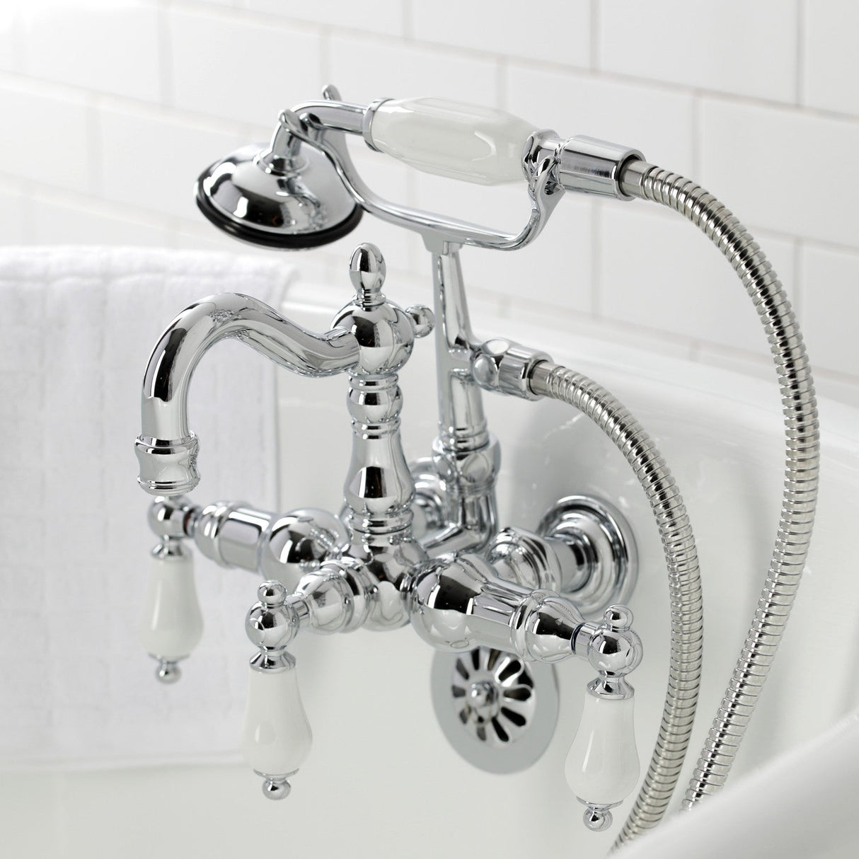 Heritage CA1012T1 Three-Handle 2-Hole Wall Mount Clawfoot Tub Faucet with Hand Shower, Polished Chrome