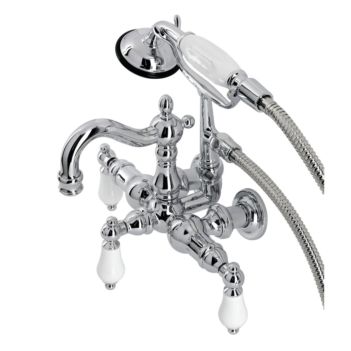 Heritage CA1012T1 Three-Handle 2-Hole Wall Mount Clawfoot Tub Faucet with Hand Shower, Polished Chrome