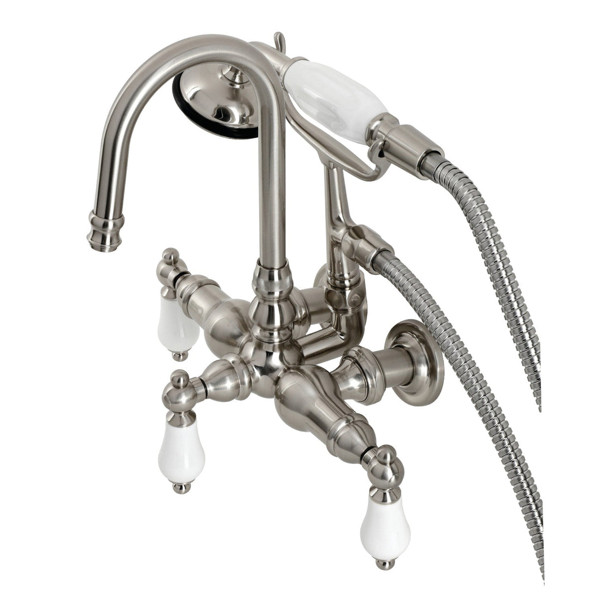 Vintage CA11T8 Three-Handle 2-Hole Wall Mount Clawfoot Tub Faucet with Hand Shower, Brushed Nickel