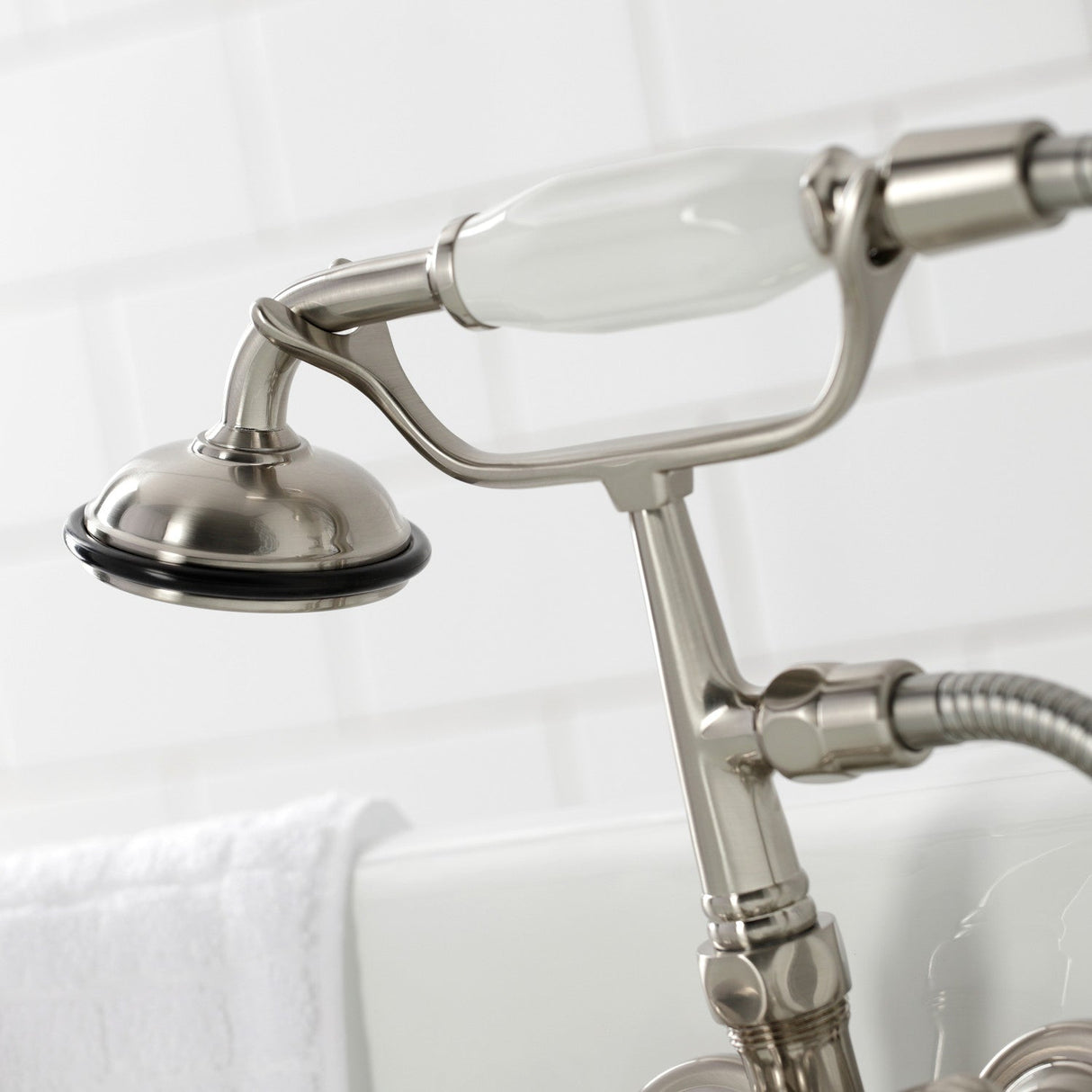 Vintage CA19T8 Three-Handle 2-Hole Wall Mount Clawfoot Tub Faucet with Hand Shower, Brushed Nickel
