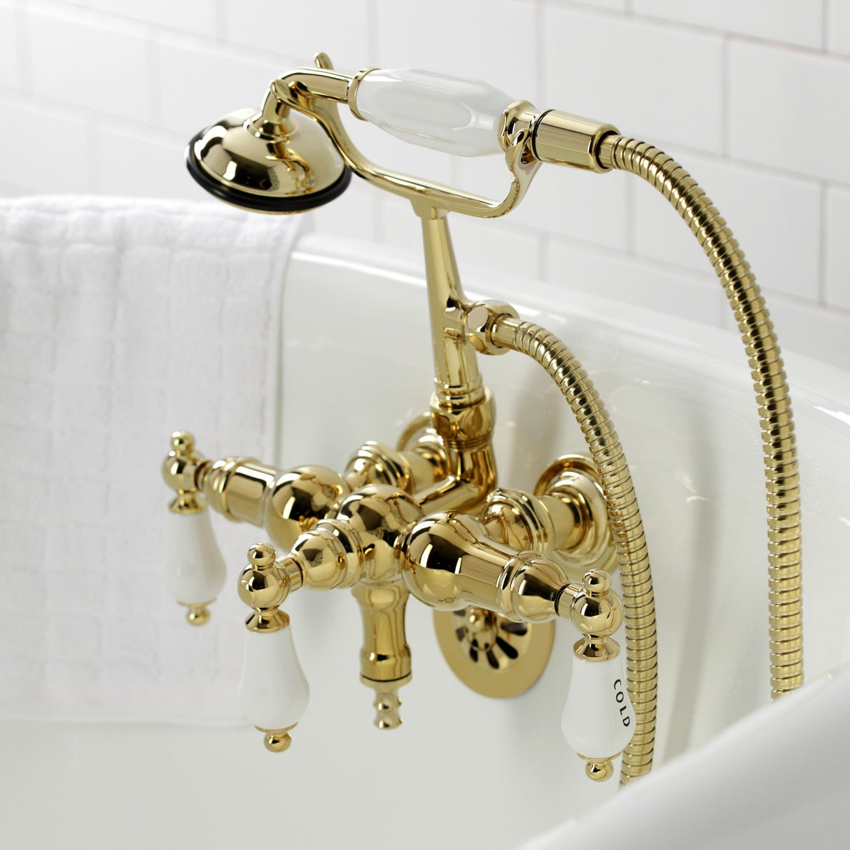 Vintage CA21T2 Three-Handle 2-Hole Wall Mount Clawfoot Tub Faucet with Hand Shower, Polished Brass