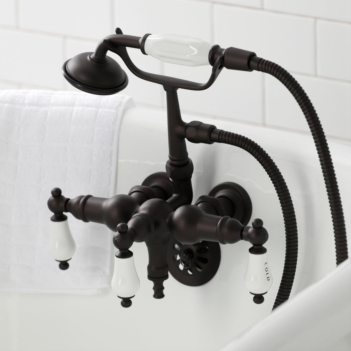 Vintage CA21T5 Three-Handle 2-Hole Wall Mount Clawfoot Tub Faucet with Hand Shower, Oil Rubbed Bronze