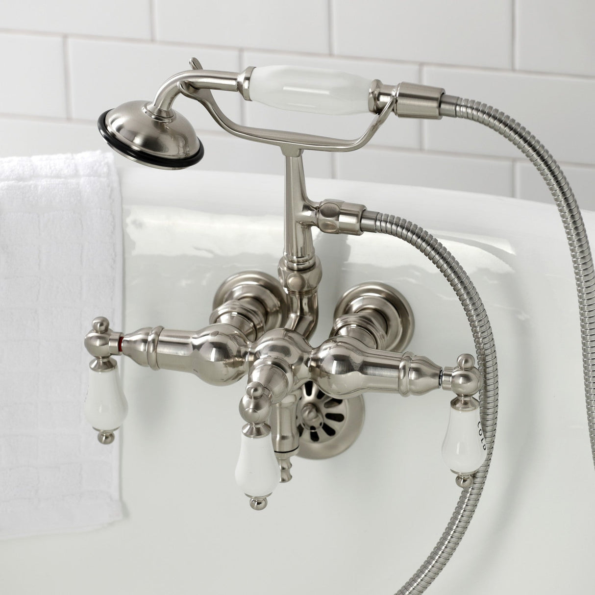 Vintage CA21T8 Three-Handle 2-Hole Wall Mount Clawfoot Tub Faucet with Hand Shower, Brushed Nickel