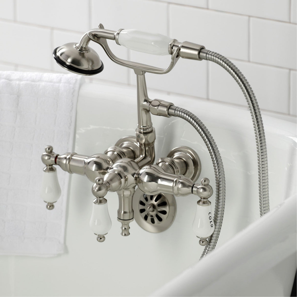 Vintage CA21T8 Three-Handle 2-Hole Wall Mount Clawfoot Tub Faucet with Hand Shower, Brushed Nickel