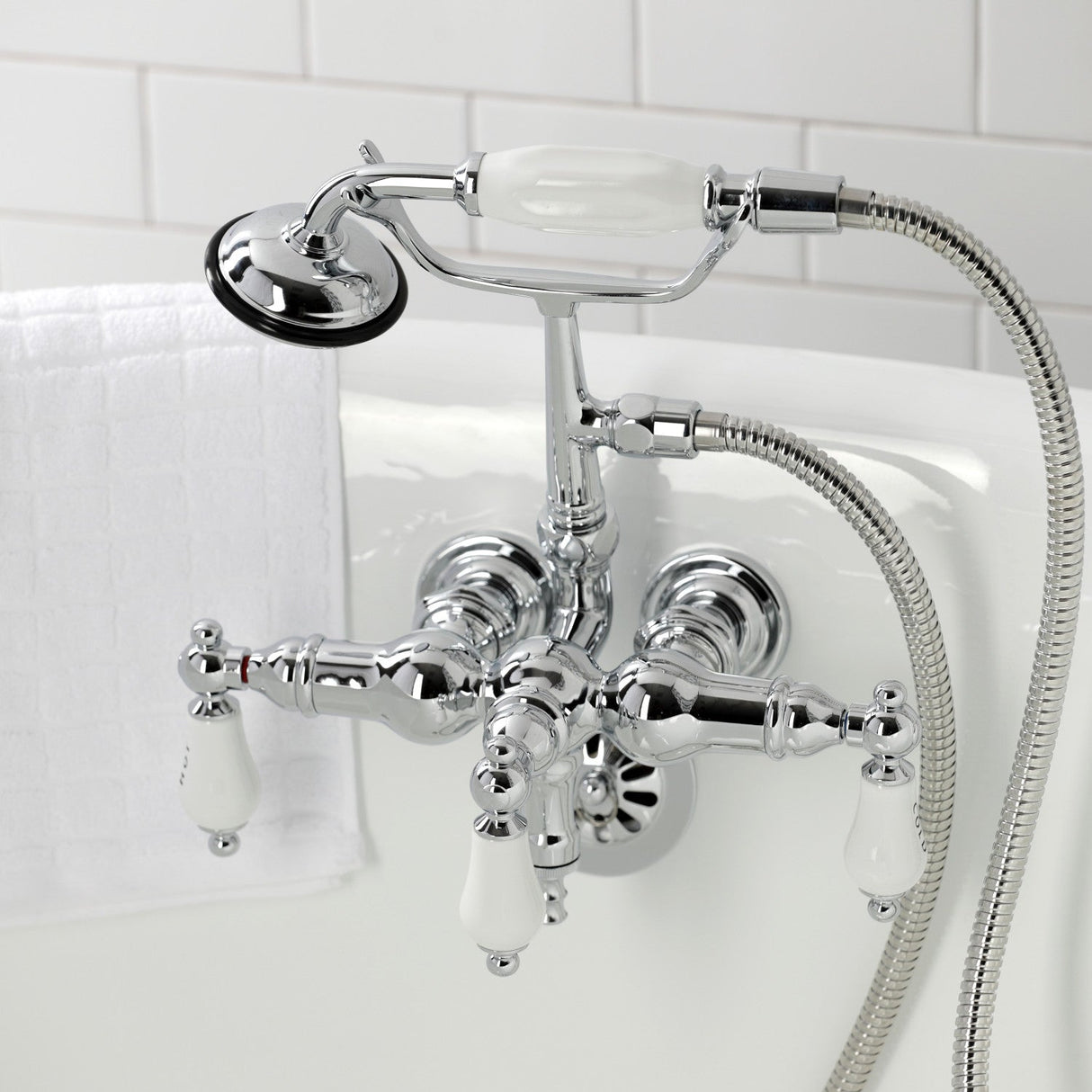 Vintage CA22T1 Three-Handle 2-Hole Wall Mount Clawfoot Tub Faucet with Hand Shower, Polished Chrome