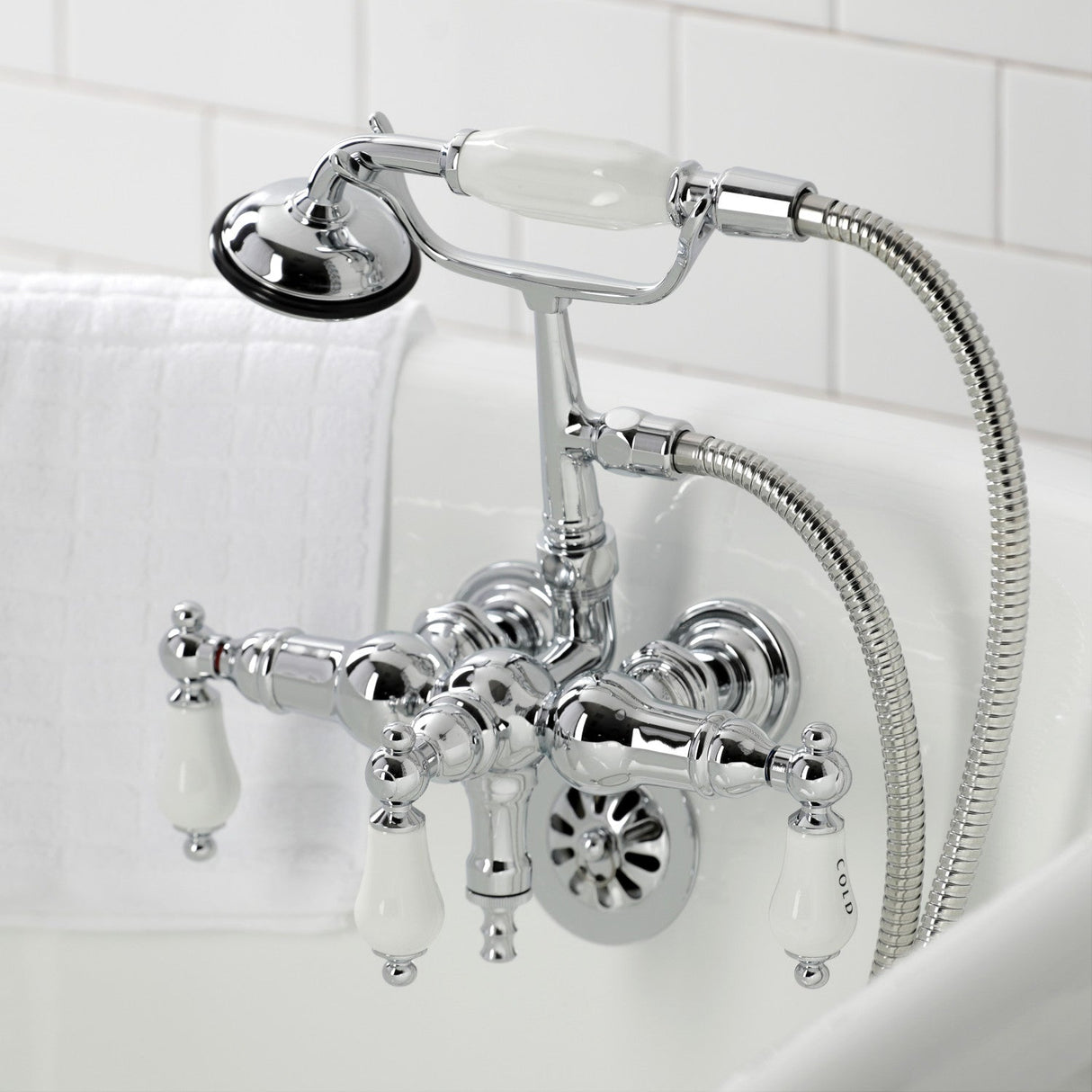 Vintage CA22T1 Three-Handle 2-Hole Wall Mount Clawfoot Tub Faucet with Hand Shower, Polished Chrome